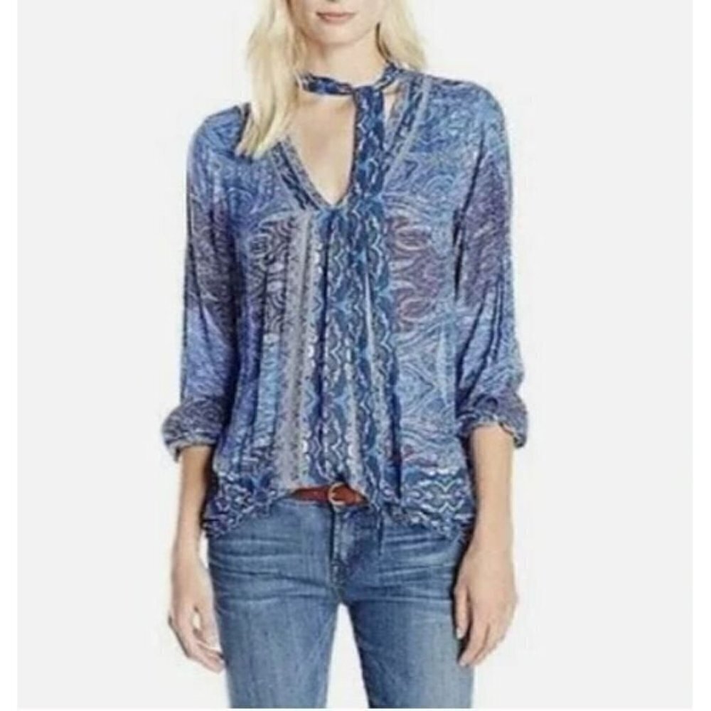 Lucky Brand Top Womens Medium Geometric Print Tie Neck Pleated Sleeve Blue Boho